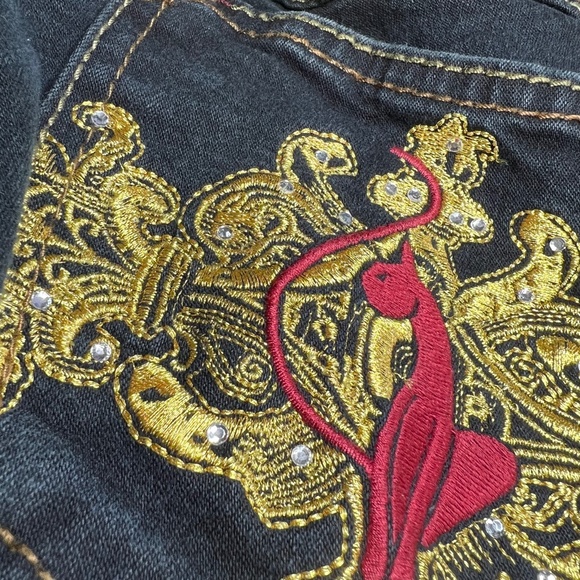 Low Rise Vintage Baby Phat ESTILO Stretch Flare Capri Crystal Cat Pockets Size 9 - Picture 7 of 14